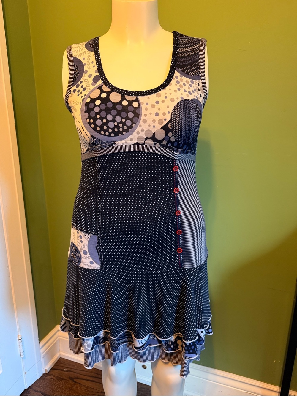 Bali Navy & White Mixed-Print Sleeveless Midi Artsy Dress Medium